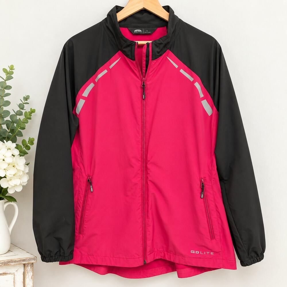 GoLite Women's XL Pink Black Reflective Running Jacket Full Zip Windbreaker